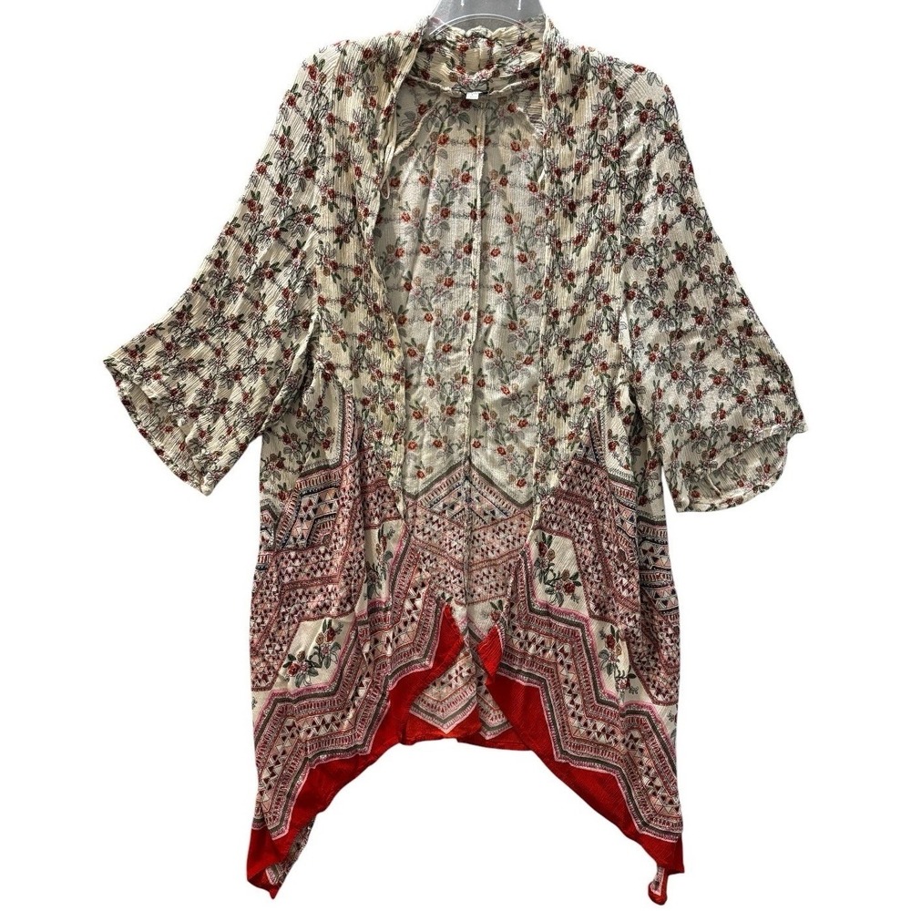 Patrons of Peace Kimono Cardigan L Red Floral Sharkbite Open Front Boho Rayon